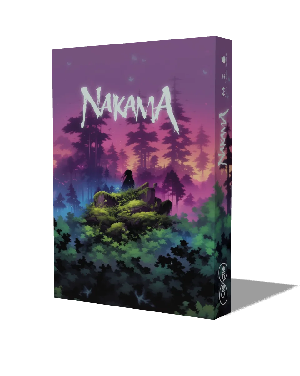 Nakama: de doos met kaartdecks en uitgewaaierde kaarten